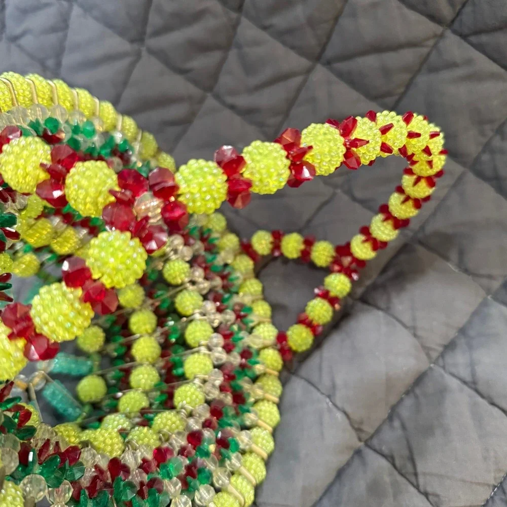Vintage Beaded‎ Basket Decor Fruit Color Plastic Bead Bowl Display